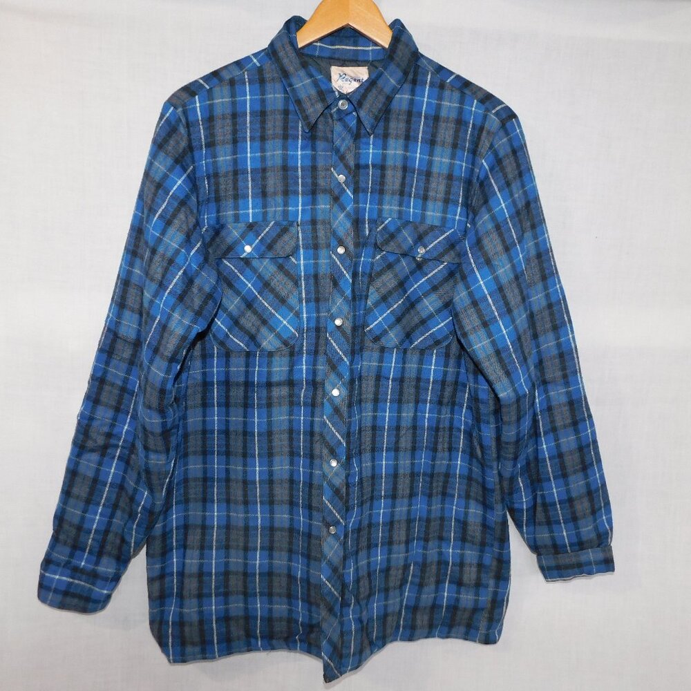 VTG Regent Canada Mens Large Tall LT Blue Flannel Plaid Lined Work Shirt Jacket